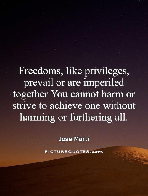 Freedoms, like privileges, prevail or are imperiled together You cannot harm or strive to achieve one without harming or furthering all Picture Quote #1