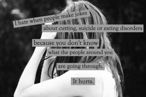 I hate when people make jokes about cutting, suicide, or eating disorders because you don't know what the people around you have been through. It hurts Picture Quote #1