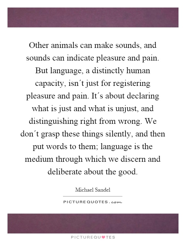 Other animals can make sounds, and sounds can indicate pleasure and pain. But language, a distinctly human capacity, isn´t just for registering pleasure and pain. It´s about declaring what is just and what is unjust, and distinguishing right from wrong. We don´t grasp these things silently, and then put words to them; language is the medium through which we discern and deliberate about the good Picture Quote #1