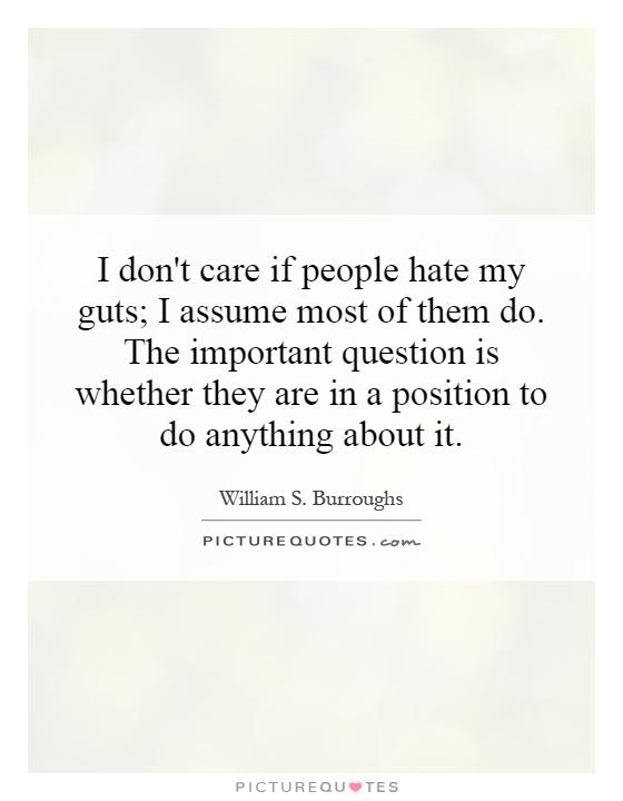 I don't care if people hate my guts; I assume most of them do. The important question is whether they are in a position to do anything about it Picture Quote #1