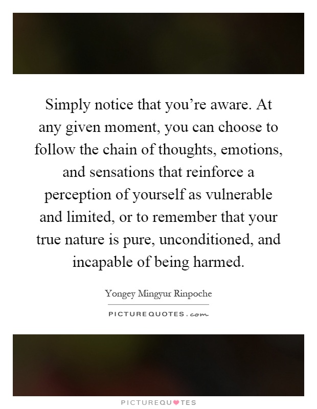 Simply notice that you’re aware. At any given moment, you can choose to follow the chain of thoughts, emotions, and sensations that reinforce a perception of yourself as vulnerable and limited, or to remember that your true nature is pure, unconditioned, and incapable of being harmed Picture Quote #1