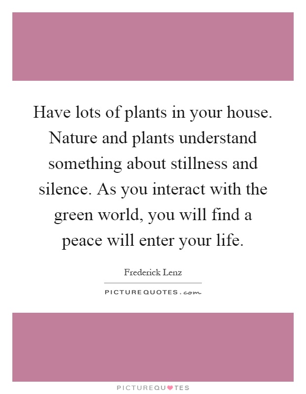 Have lots of plants in your house. Nature and plants understand something about stillness and silence. As you interact with the green world, you will find a peace will enter your life Picture Quote #1