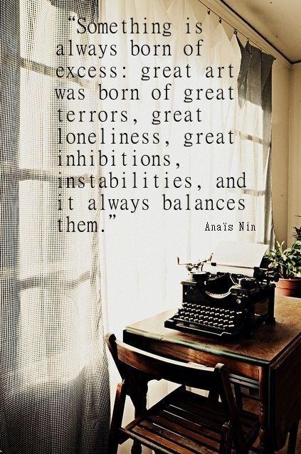 Something is always born of excess: great art was born of great terror, great loneliness, great inhibitions, instabilities, and it always balances them Picture Quote #1