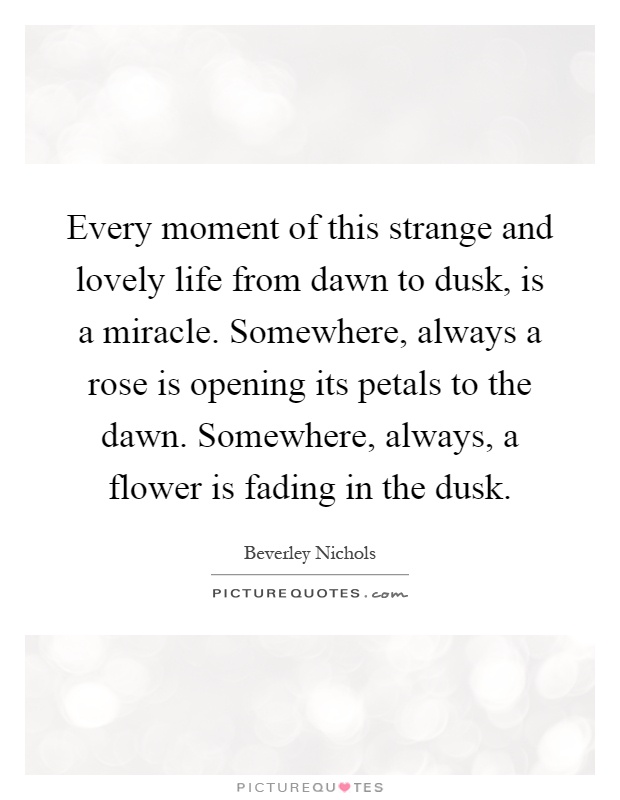 Every moment of this strange and lovely life from dawn to dusk, is a miracle. Somewhere, always a rose is opening its petals to the dawn. Somewhere, always, a flower is fading in the dusk Picture Quote #1