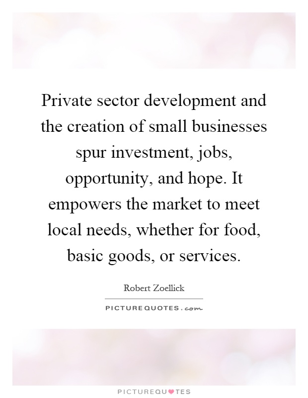 Private sector development and the creation of small businesses spur investment, jobs, opportunity, and hope. It empowers the market to meet local needs, whether for food, basic goods, or services Picture Quote #1