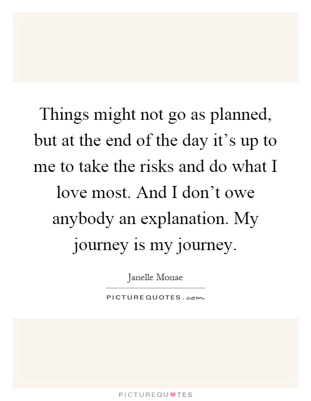 Things might not go as planned, but at the end of the day it’s up to me to take the risks and do what I love most. And I don’t owe anybody an explanation. My journey is my journey Picture Quote #1