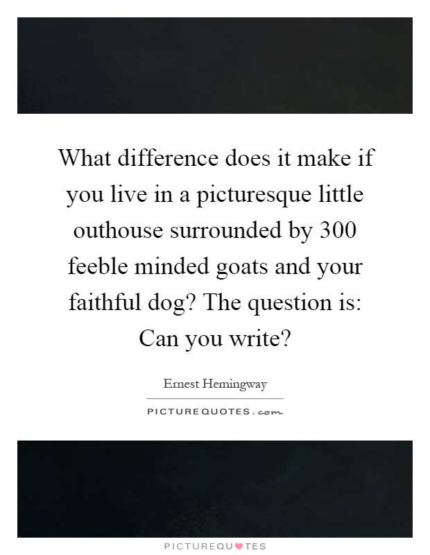 What difference does it make if you live in a picturesque little outhouse surrounded by 300 feeble minded goats and your faithful dog? The question is: Can you write? Picture Quote #1