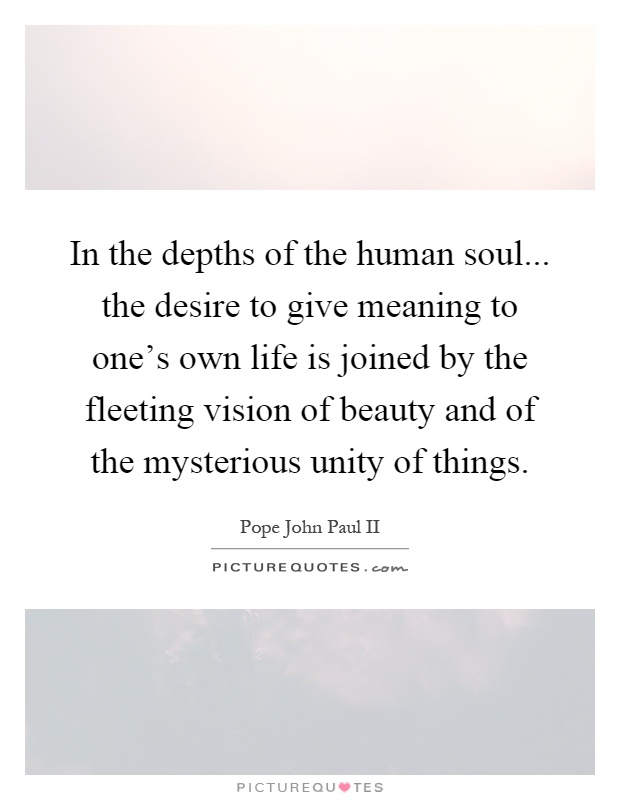 In the depths of the human soul... the desire to give meaning to one’s own life is joined by the fleeting vision of beauty and of the mysterious unity of things Picture Quote #1