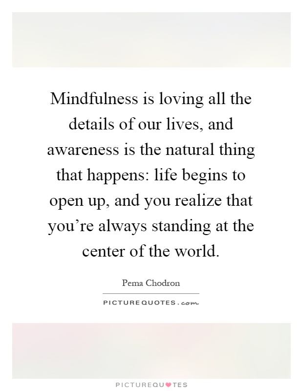 Mindfulness is loving all the details of our lives, and awareness is the natural thing that happens: life begins to open up, and you realize that you’re always standing at the center of the world Picture Quote #1