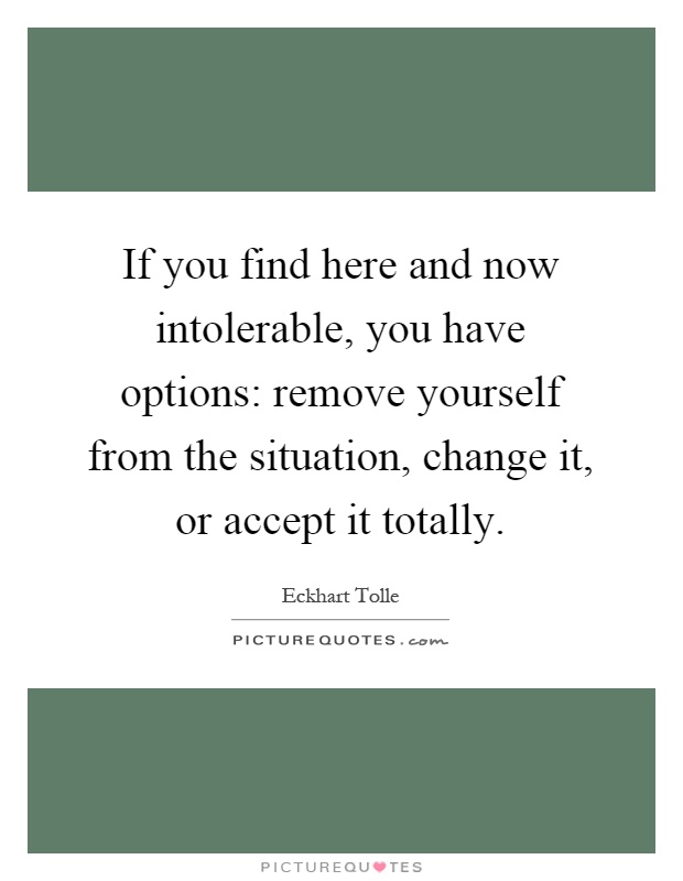 If you find here and now intolerable, you have options: remove yourself from the situation, change it, or accept it totally Picture Quote #1