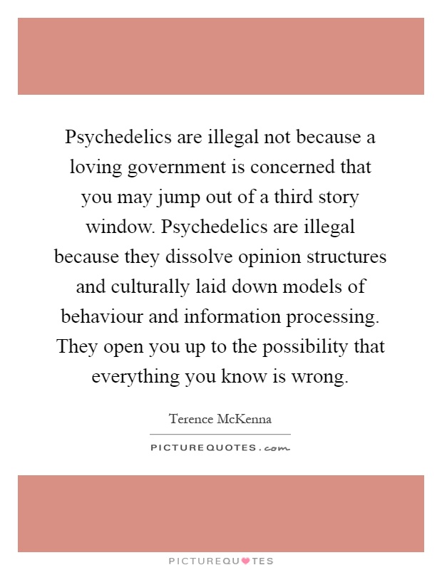 Psychedelics are illegal not because a loving government is concerned that you may jump out of a third story window. Psychedelics are illegal because they dissolve opinion structures and culturally laid down models of behaviour and information processing. They open you up to the possibility that everything you know is wrong Picture Quote #1