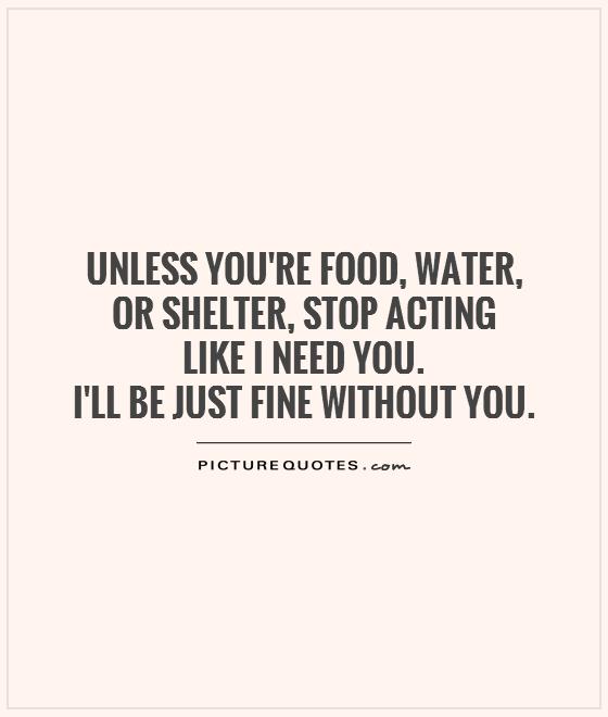 Unless you're food, water,  or shelter, stop acting  like I need you.  I'll be just fine without you Picture Quote #1