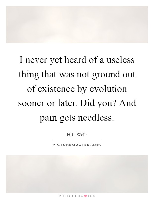I never yet heard of a useless thing that was not ground out of existence by evolution sooner or later. Did you? And pain gets needless Picture Quote #1