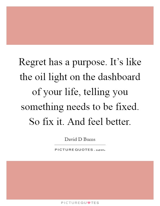 Regret has a purpose. It’s like the oil light on the dashboard of your life, telling you something needs to be fixed. So fix it. And feel better Picture Quote #1