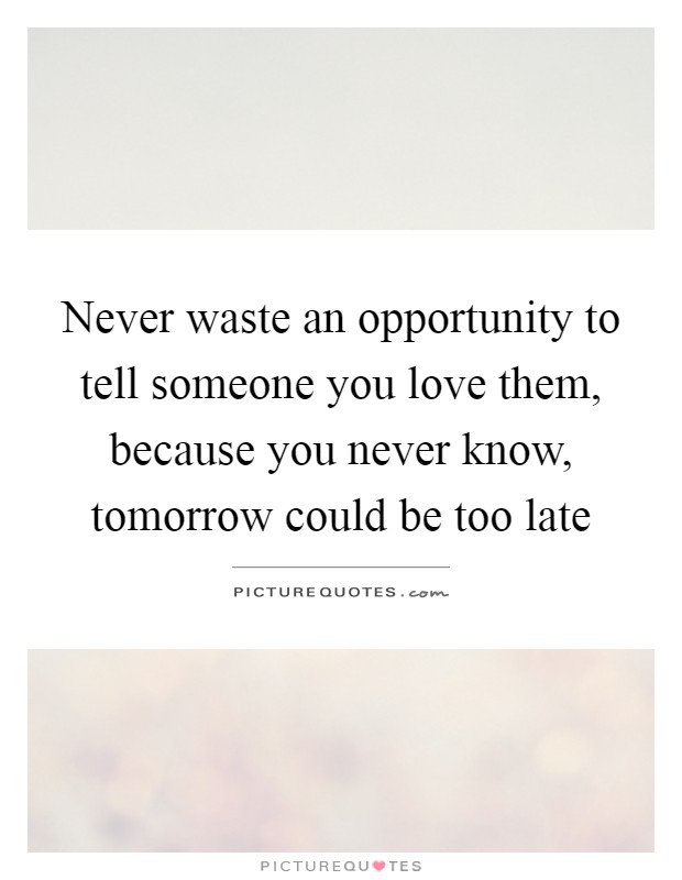 Never waste an opportunity to tell someone you love them, because you never know, tomorrow could be too late Picture Quote #1