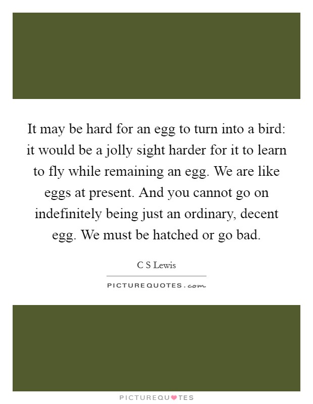 It may be hard for an egg to turn into a bird: it would be a jolly sight harder for it to learn to fly while remaining an egg. We are like eggs at present. And you cannot go on indefinitely being just an ordinary, decent egg. We must be hatched or go bad Picture Quote #1