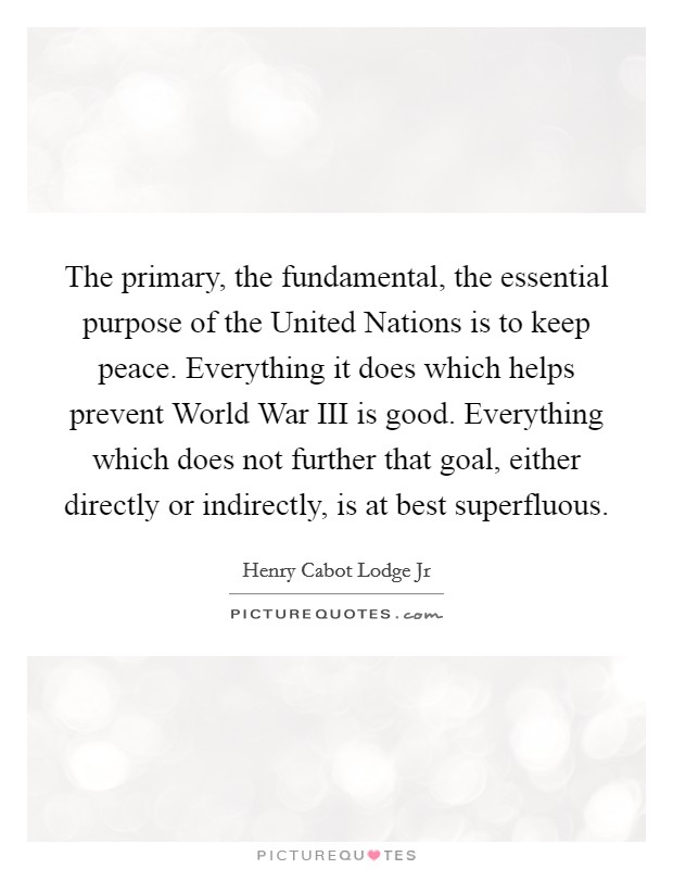 The primary, the fundamental, the essential purpose of the United Nations is to keep peace. Everything it does which helps prevent World War III is good. Everything which does not further that goal, either directly or indirectly, is at best superfluous Picture Quote #1
