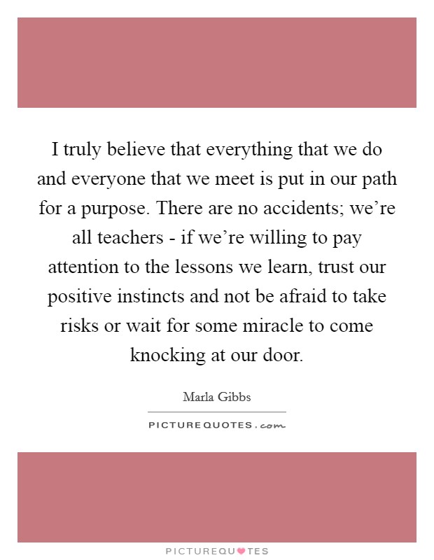 I truly believe that everything that we do and everyone that we meet is put in our path for a purpose. There are no accidents; we’re all teachers - if we’re willing to pay attention to the lessons we learn, trust our positive instincts and not be afraid to take risks or wait for some miracle to come knocking at our door Picture Quote #1