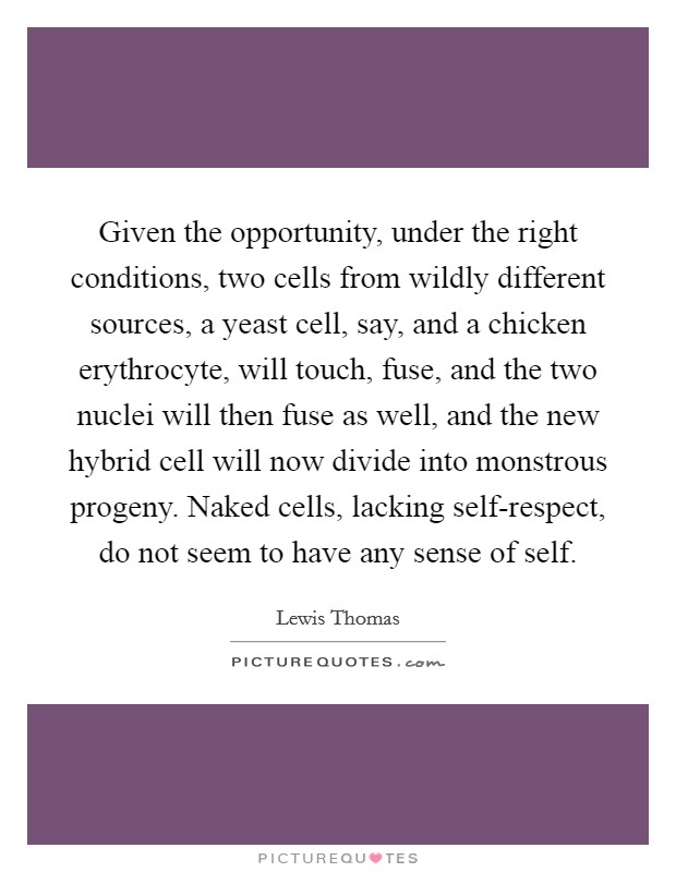 Given the opportunity, under the right conditions, two cells from wildly different sources, a yeast cell, say, and a chicken erythrocyte, will touch, fuse, and the two nuclei will then fuse as well, and the new hybrid cell will now divide into monstrous progeny. Naked cells, lacking self-respect, do not seem to have any sense of self Picture Quote #1