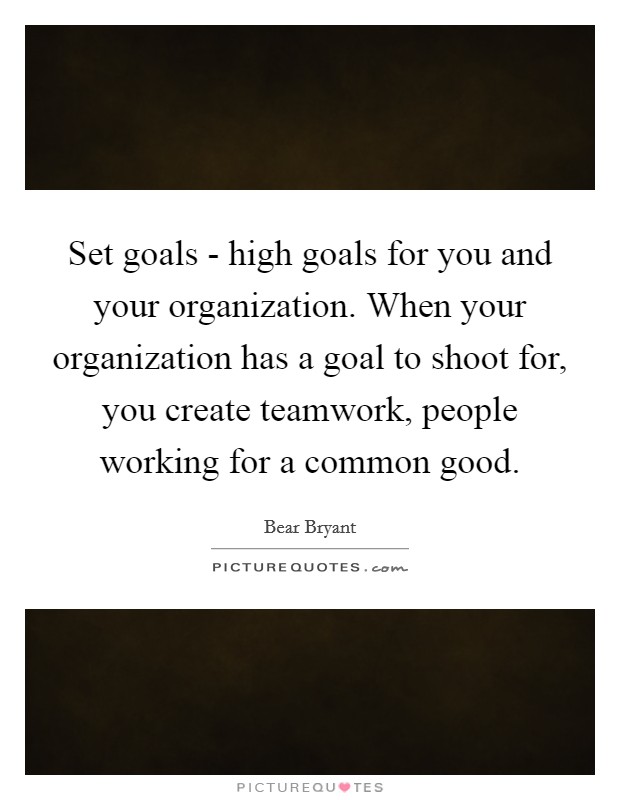 Set goals - high goals for you and your organization. When your organization has a goal to shoot for, you create teamwork, people working for a common good Picture Quote #1