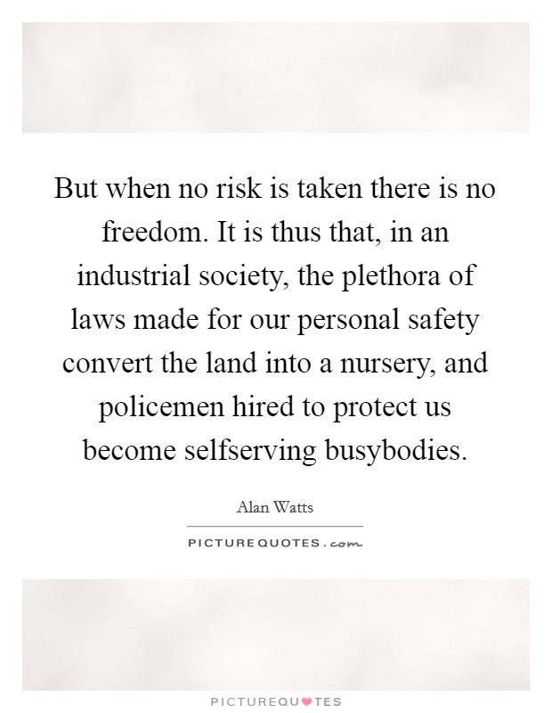 But when no risk is taken there is no freedom. It is thus that, in an industrial society, the plethora of laws made for our personal safety convert the land into a nursery, and policemen hired to protect us become selfserving busybodies Picture Quote #1