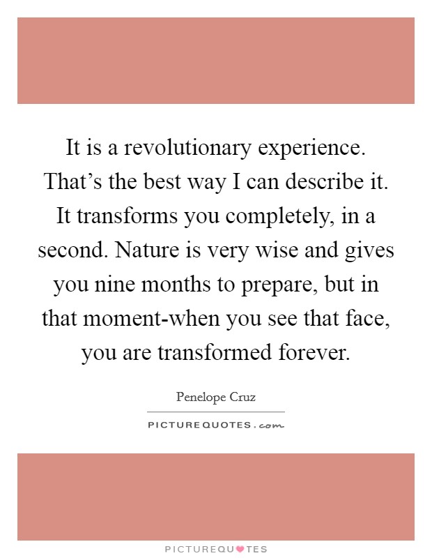 It is a revolutionary experience. That’s the best way I can describe it. It transforms you completely, in a second. Nature is very wise and gives you nine months to prepare, but in that moment-when you see that face, you are transformed forever Picture Quote #1