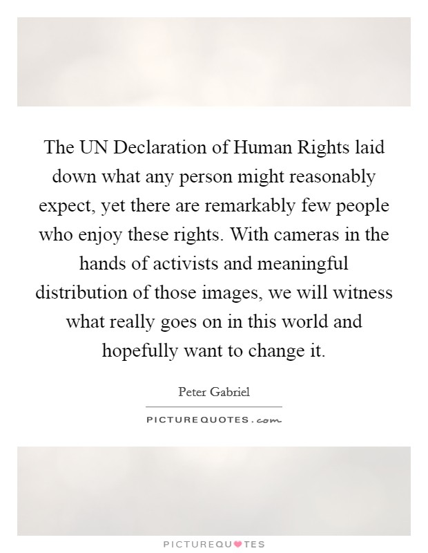The UN Declaration of Human Rights laid down what any person might reasonably expect, yet there are remarkably few people who enjoy these rights. With cameras in the hands of activists and meaningful distribution of those images, we will witness what really goes on in this world and hopefully want to change it Picture Quote #1