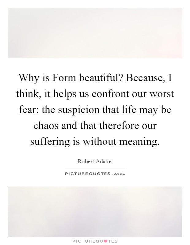 Why is Form beautiful? Because, I think, it helps us confront our worst fear: the suspicion that life may be chaos and that therefore our suffering is without meaning Picture Quote #1
