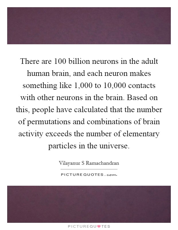 There are 100 billion neurons in the adult human brain, and each neuron makes something like 1,000 to 10,000 contacts with other neurons in the brain. Based on this, people have calculated that the number of permutations and combinations of brain activity exceeds the number of elementary particles in the universe Picture Quote #1
