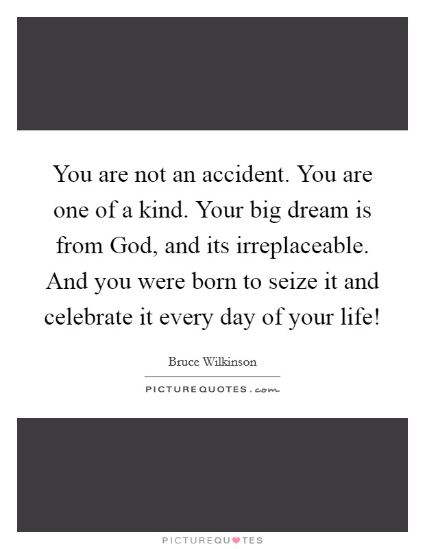 You are not an accident. You are one of a kind. Your big dream is from God, and its irreplaceable. And you were born to seize it and celebrate it every day of your life! Picture Quote #1