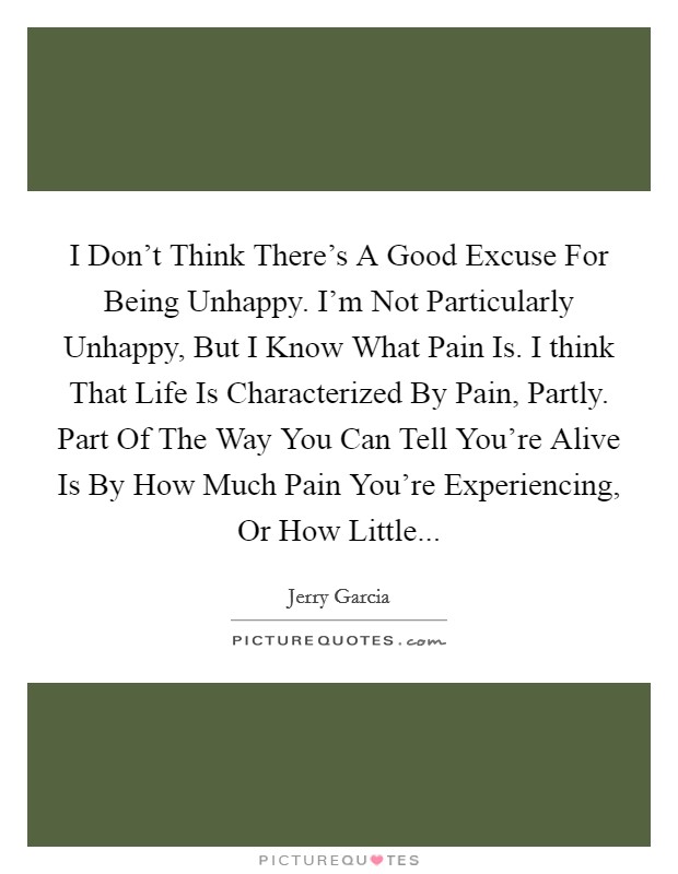 I Don’t Think There’s A Good Excuse For Being Unhappy. I’m Not Particularly Unhappy, But I Know What Pain Is. I think That Life Is Characterized By Pain, Partly. Part Of The Way You Can Tell You’re Alive Is By How Much Pain You’re Experiencing, Or How Little Picture Quote #1