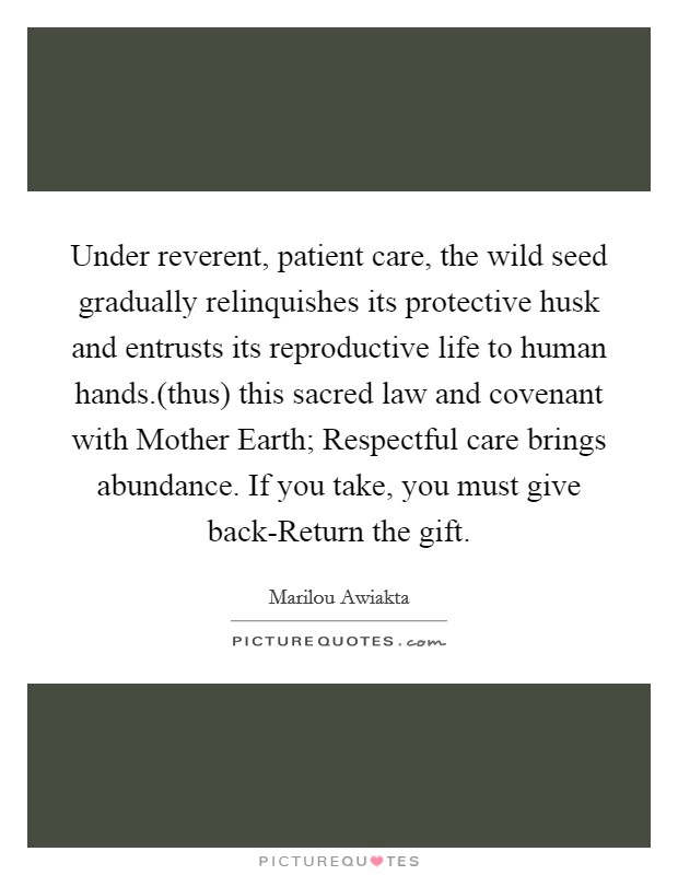 Under reverent, patient care, the wild seed gradually relinquishes its protective husk and entrusts its reproductive life to human hands.(thus) this sacred law and covenant with Mother Earth; Respectful care brings abundance. If you take, you must give back-Return the gift Picture Quote #1