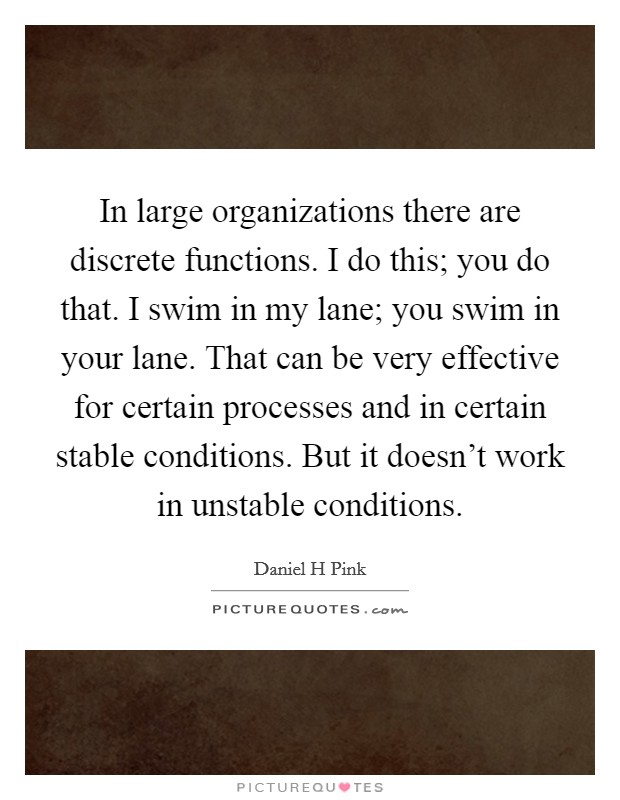 In large organizations there are discrete functions. I do this; you do that. I swim in my lane; you swim in your lane. That can be very effective for certain processes and in certain stable conditions. But it doesn't work in unstable conditions Picture Quote #1