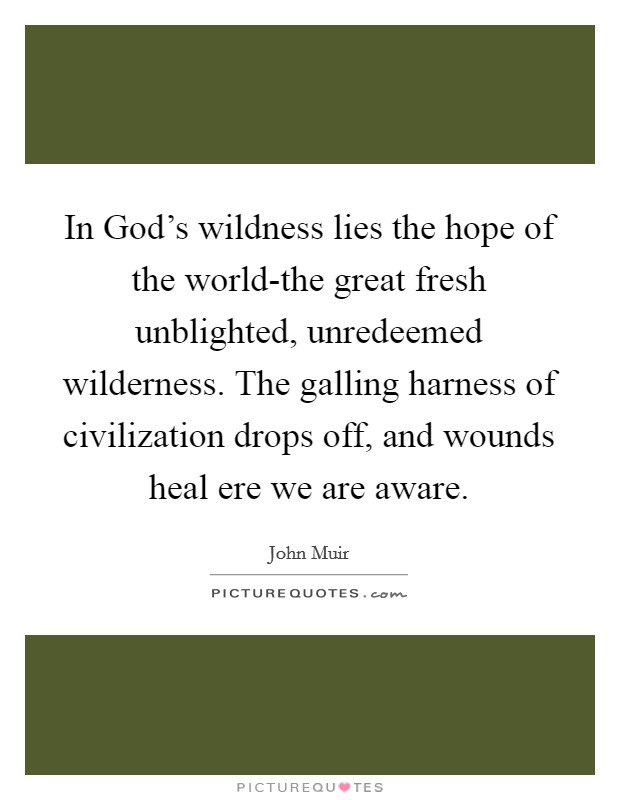 In God’s wildness lies the hope of the world-the great fresh unblighted, unredeemed wilderness. The galling harness of civilization drops off, and wounds heal ere we are aware Picture Quote #1