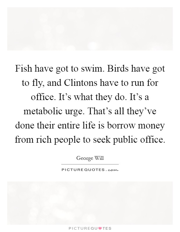 Fish have got to swim. Birds have got to fly, and Clintons have to run for office. It’s what they do. It’s a metabolic urge. That’s all they’ve done their entire life is borrow money from rich people to seek public office Picture Quote #1
