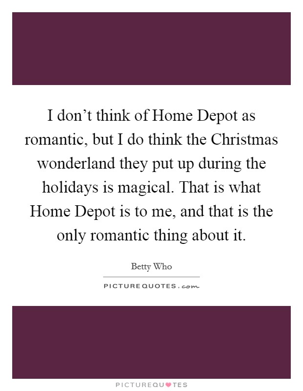 I don’t think of Home Depot as romantic, but I do think the Christmas wonderland they put up during the holidays is magical. That is what Home Depot is to me, and that is the only romantic thing about it Picture Quote #1