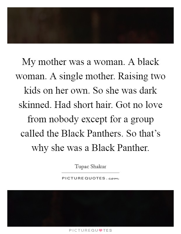 My mother was a woman. A black woman. A single mother. Raising two kids on her own. So she was dark skinned. Had short hair. Got no love from nobody except for a group called the Black Panthers. So that’s why she was a Black Panther Picture Quote #1