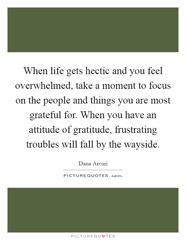 When life gets hectic and you feel overwhelmed, take a moment to focus on the people and things you are most grateful for. When you have an attitude of gratitude, frustrating troubles will fall by the wayside Picture Quote #1