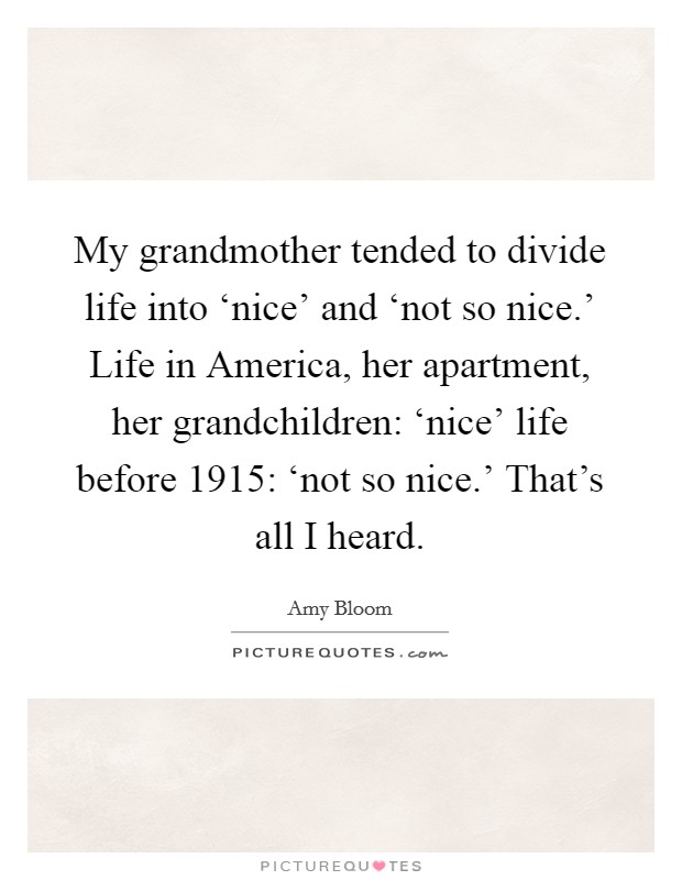 My grandmother tended to divide life into ‘nice' and ‘not so nice.' Life in America, her apartment, her grandchildren: ‘nice' life before 1915: ‘not so nice.' That's all I heard. Picture Quote #1