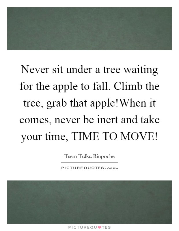 Never sit under a tree waiting for the apple to fall. Climb the tree, grab that apple!When it comes, never be inert and take your time, TIME TO MOVE! Picture Quote #1
