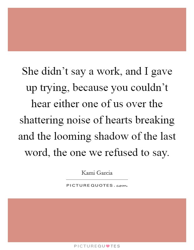She didn’t say a work, and I gave up trying, because you couldn’t hear either one of us over the shattering noise of hearts breaking and the looming shadow of the last word, the one we refused to say Picture Quote #1