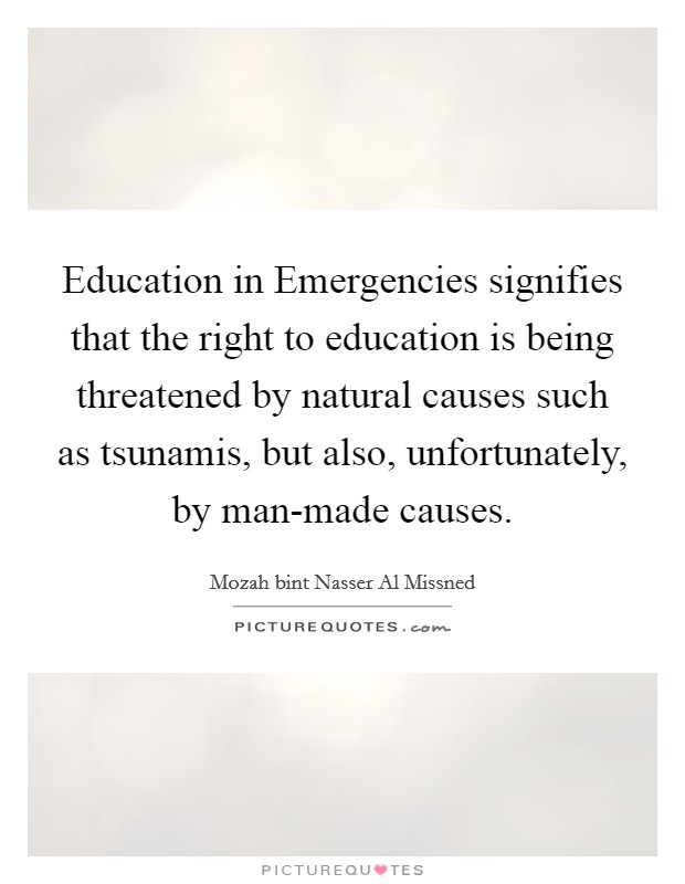 Education in Emergencies signifies that the right to education is being threatened by natural causes such as tsunamis, but also, unfortunately, by man-made causes Picture Quote #1