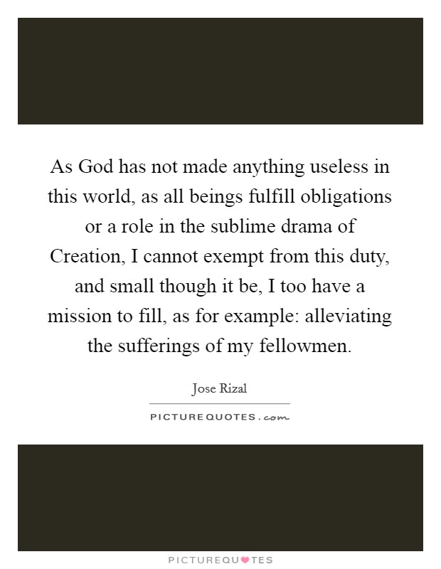 As God has not made anything useless in this world, as all beings fulfill obligations or a role in the sublime drama of Creation, I cannot exempt from this duty, and small though it be, I too have a mission to fill, as for example: alleviating the sufferings of my fellowmen Picture Quote #1