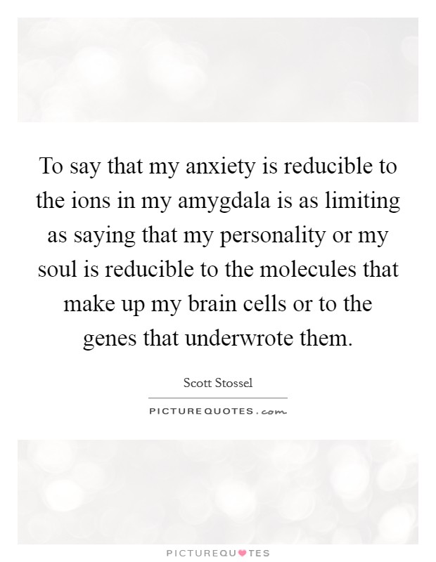 To say that my anxiety is reducible to the ions in my amygdala is as limiting as saying that my personality or my soul is reducible to the molecules that make up my brain cells or to the genes that underwrote them. Picture Quote #1