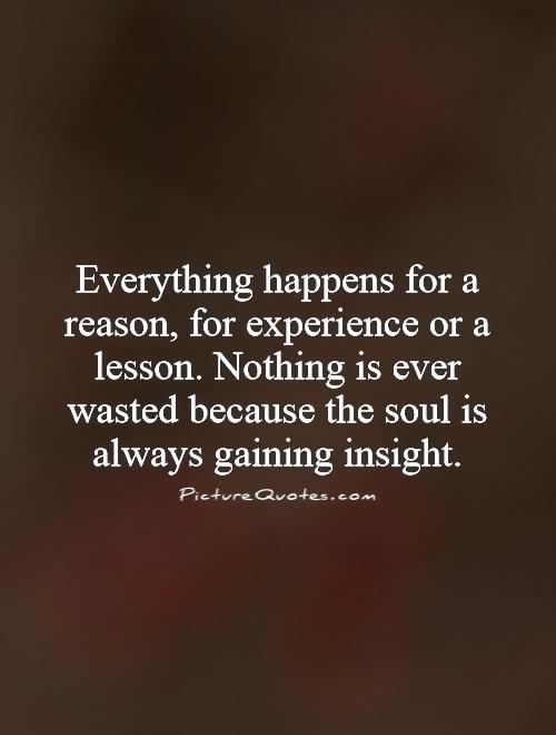 Everything happens for a reason, for experience or a lesson. Nothing is ever wasted because the soul is always gaining insight Picture Quote #1