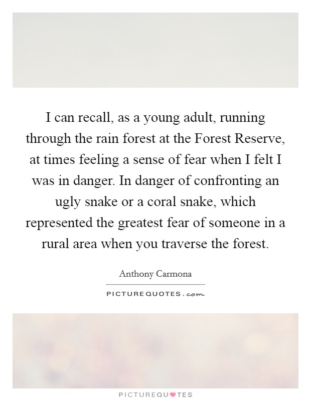 I can recall, as a young adult, running through the rain forest at the Forest Reserve, at times feeling a sense of fear when I felt I was in danger. In danger of confronting an ugly snake or a coral snake, which represented the greatest fear of someone in a rural area when you traverse the forest Picture Quote #1