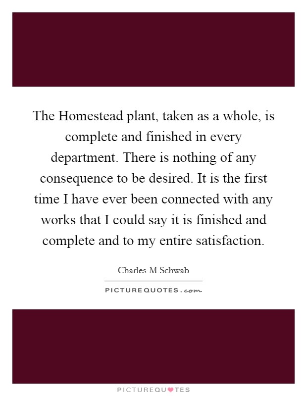 The Homestead plant, taken as a whole, is complete and finished in every department. There is nothing of any consequence to be desired. It is the first time I have ever been connected with any works that I could say it is finished and complete and to my entire satisfaction Picture Quote #1