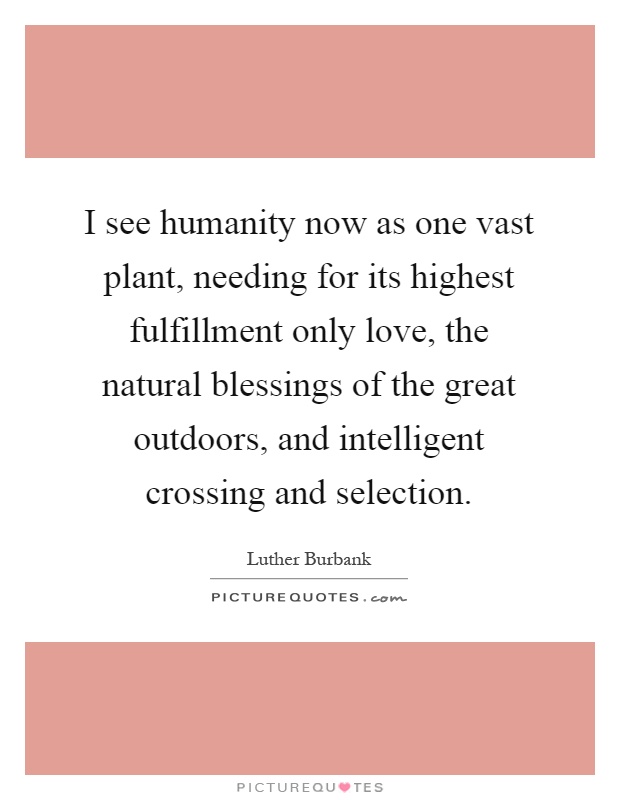 I see humanity now as one vast plant, needing for its highest fulfillment only love, the natural blessings of the great outdoors, and intelligent crossing and selection Picture Quote #1