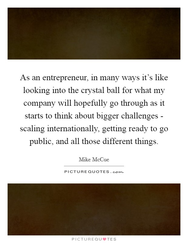 As an entrepreneur, in many ways it's like looking into the crystal ball for what my company will hopefully go through as it starts to think about bigger challenges - scaling internationally, getting ready to go public, and all those different things. Picture Quote #1