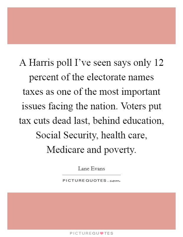 A Harris poll I’ve seen says only 12 percent of the electorate names taxes as one of the most important issues facing the nation. Voters put tax cuts dead last, behind education, Social Security, health care, Medicare and poverty Picture Quote #1